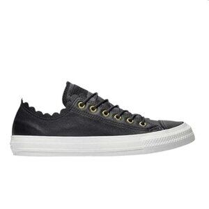 Converse Frilly Thrills Black Leather Sneakers With Scalloped Edge & Gold Eyelet